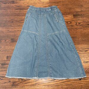 ebossy collection denim maxi skirt elastic waist size XL  A line boho frayed hem